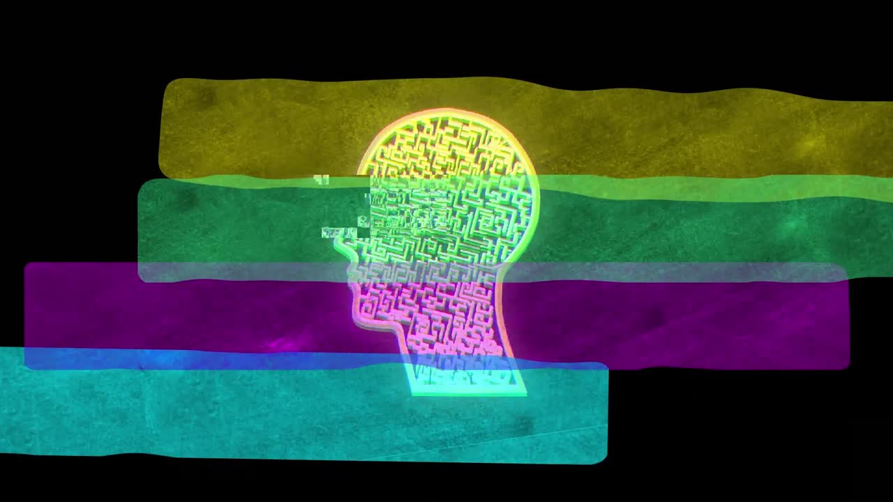 animación de bandas de líquido translúcido sobre la cabeza de laberinto blanco sobre fondo negro