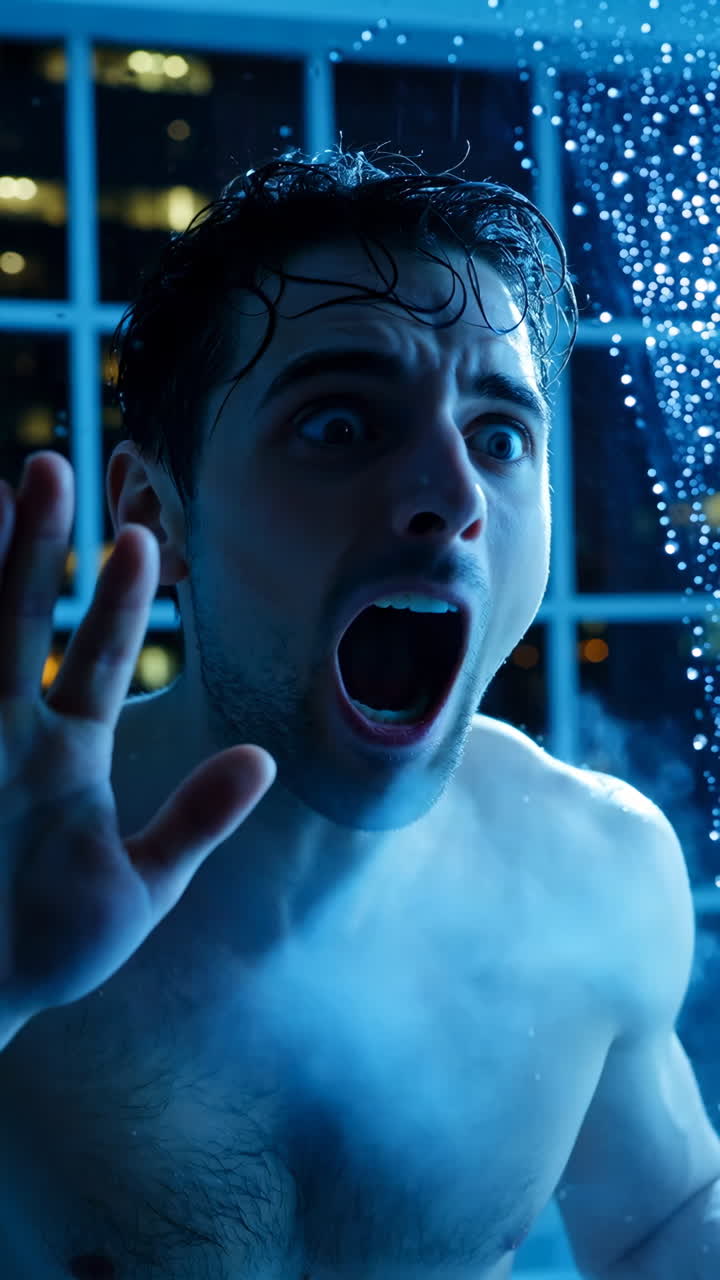 Scared Man Looking Through Wet Glass at Night