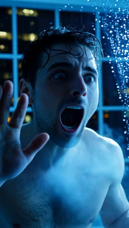 scared man looking through wet glass at night