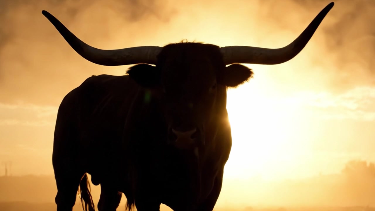 Maestosa silhouette di un toro possente contro lo sfondo di un tramonto mozzafiato, che incarna forza e resilienza in un ambiente naturale tranquillo, evocando un senso di meraviglia e connessione con la natura.