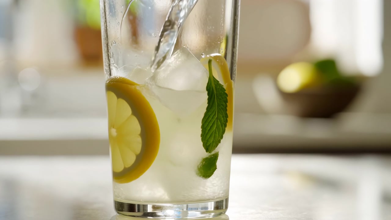 Close view of clear liquid pouring into tall glass with ice cubes, lemon slices, and mint leaves on countertop, creating fresh refreshing drink in bright kitchen light, with glass, pouring, liquid