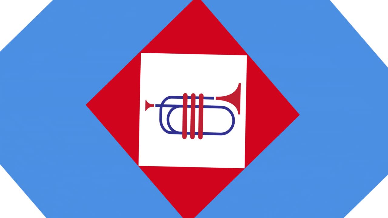 animación de una trompeta en los colores de la bandera estadounidense roja, blanca y azul