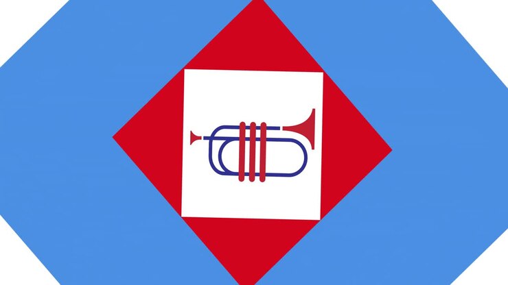 Animasi terompet dengan warna bendera Amerika merah, putih, dan biru