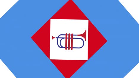 animación de una trompeta en los colores de la bandera estadounidense roja, blanca y azul
