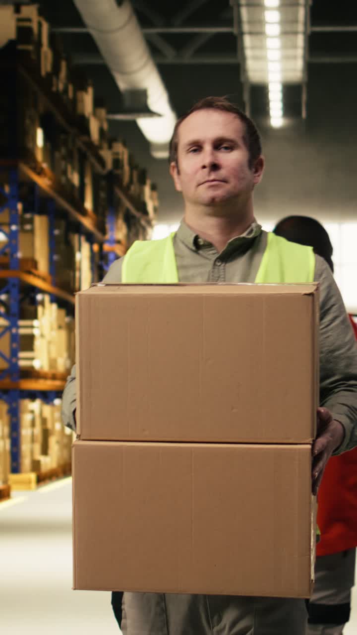 Vertical Video Industrial Man Employee Managing Cardboard Boxes For Logistics In Facility