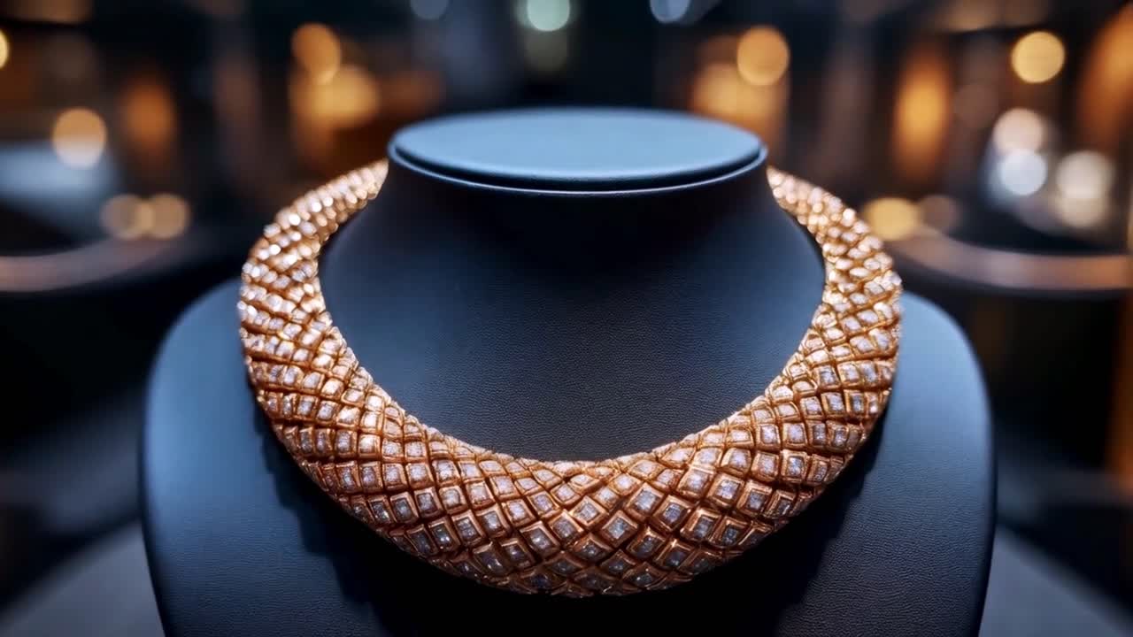 A magnificent diamond and gold necklace on display
