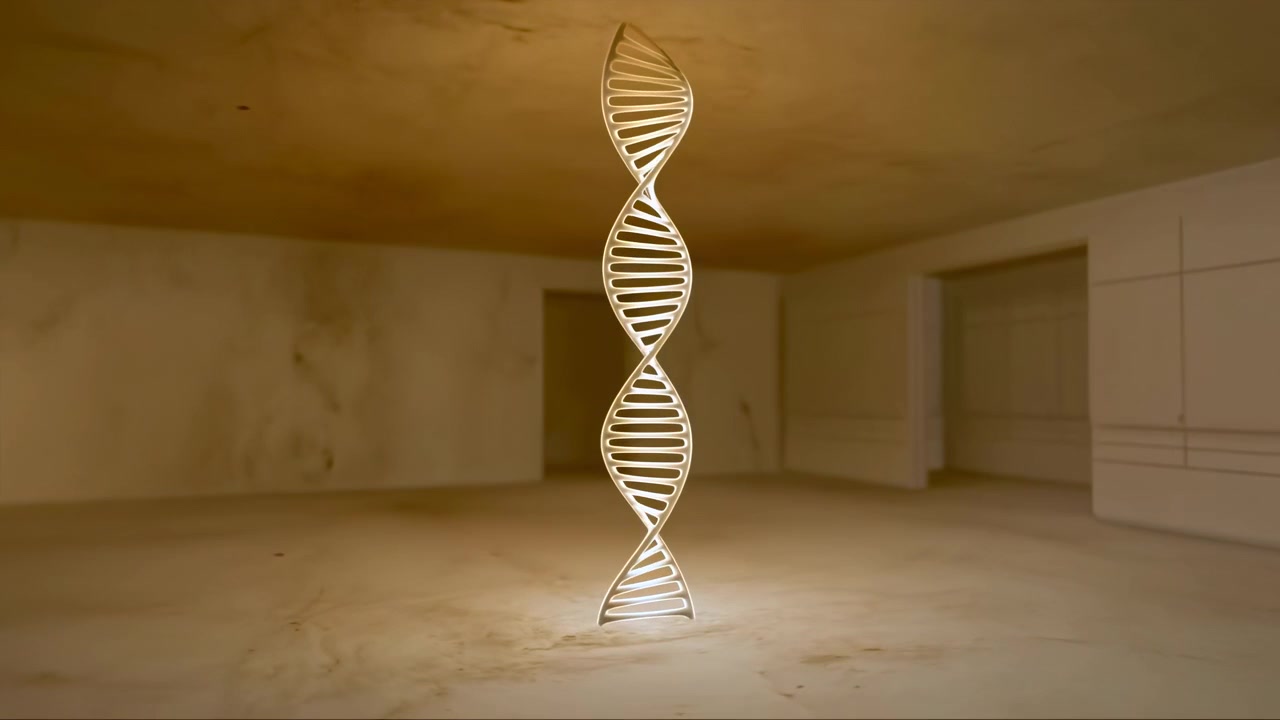 Polished double helix form stands in sparse low-ceiling interior, glowing from hidden base light and reflecting on worn floor, with clean symmetry, textured walls, and futuristic research atmosphere