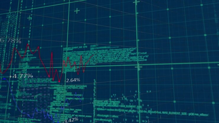 Digital animation of financial data processing over grid network on blue background