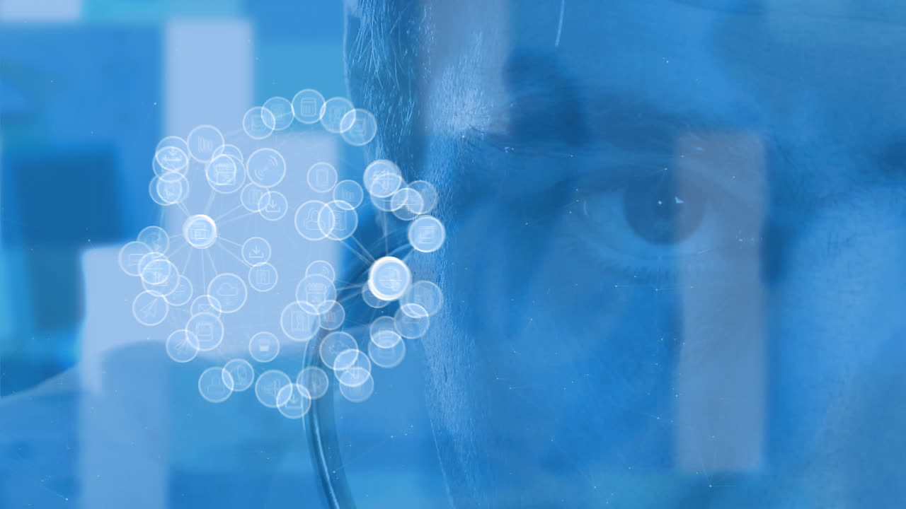 앞면 에 연결 된 아이콘 을 보는 남자 들 의 눈