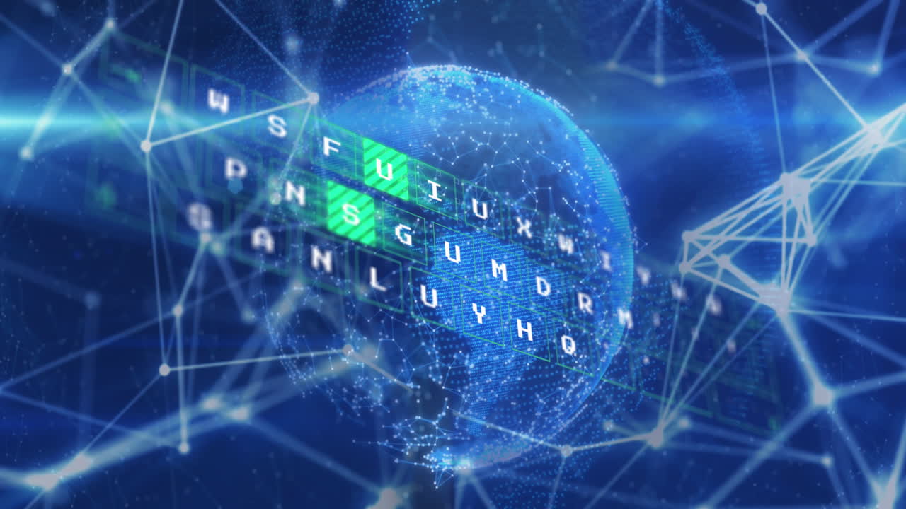 animación del procesamiento de datos y la red de conexiones sobre un globo giratorio contra un fondo azul
