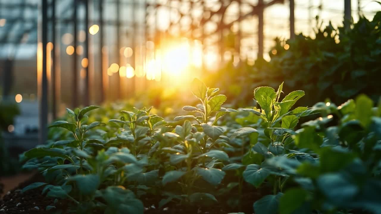Plants growing in a greenhouse bathed in sunlight