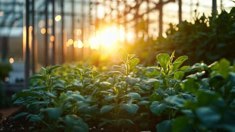 plants growing in a greenhouse bathed in sunlight