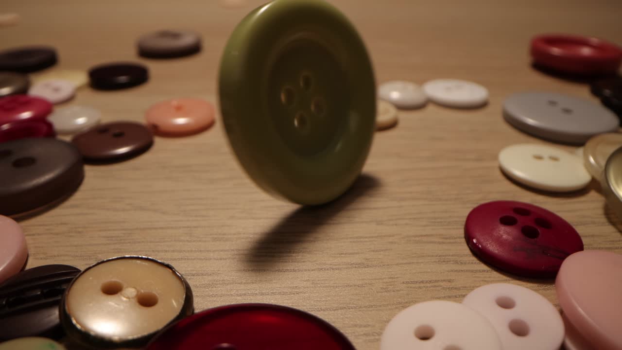 바느질을 위한 버튼: 테이블에서 바느질하는 버튼: 바느질과 바느질의 극심한 매크로 개념.