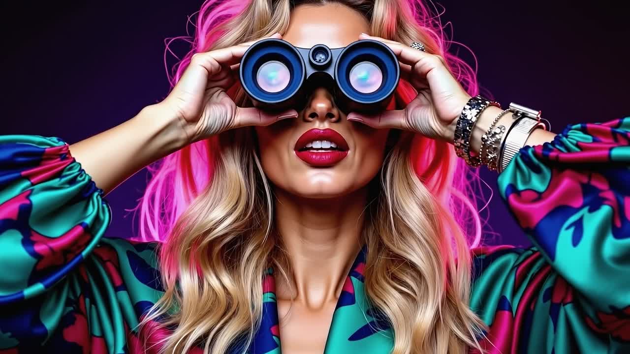 A woman with pink hair holding a pair of binoculars over her eyes