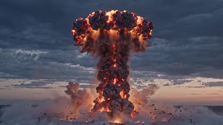 Dramatic Explosion Over Ocean: Spectacular Display of Nature's Power Captured in Two Striking Frames, Showcasing the Transformative Force of Energy and Fire.