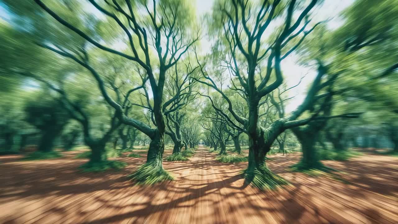Radial zooming camera clearing dirt path amid twisted trunks and grass, revealing gnarled grove
