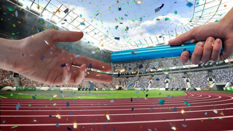 animación de confeti cayendo y manos sosteniendo el bastón de relevo sobre el estadio.