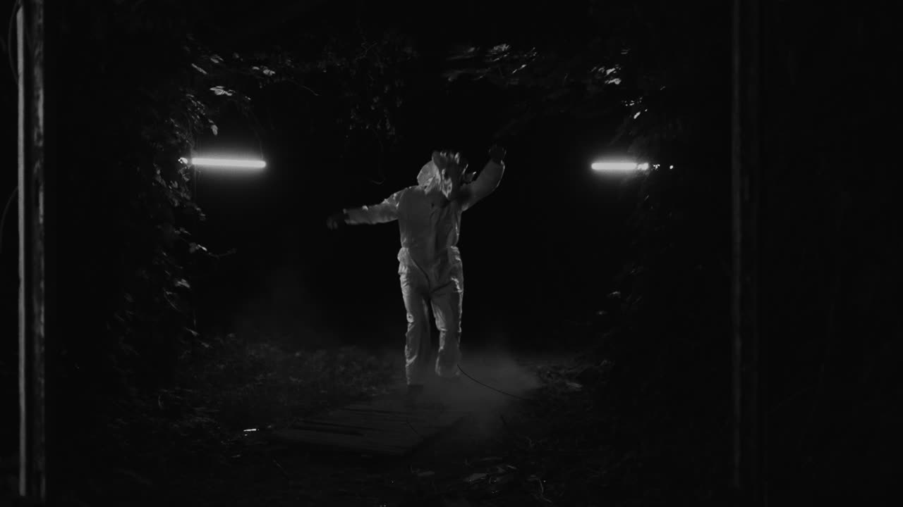 Person in White Suit in Dark Woods