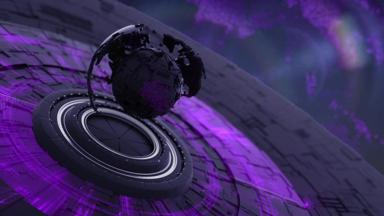 Globo Digitale in Rotazione su Piattaforma Tecnologica Futuristica