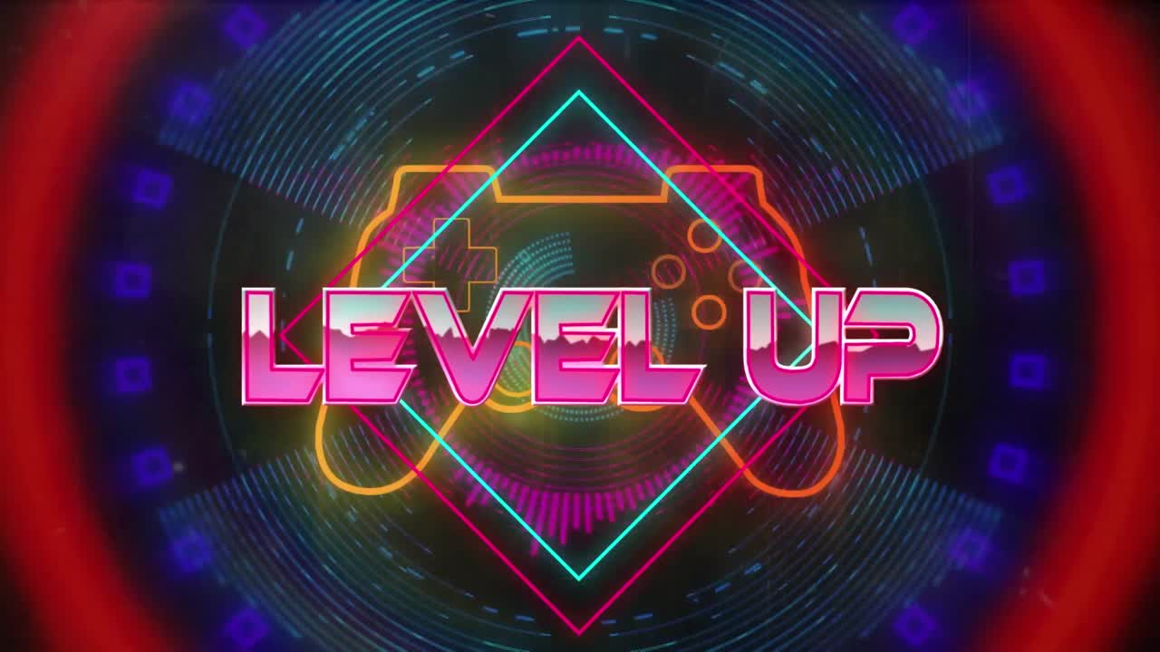 animación de un banner de texto de nivel sobre el icono del controlador de videojuego contra formas de neón.