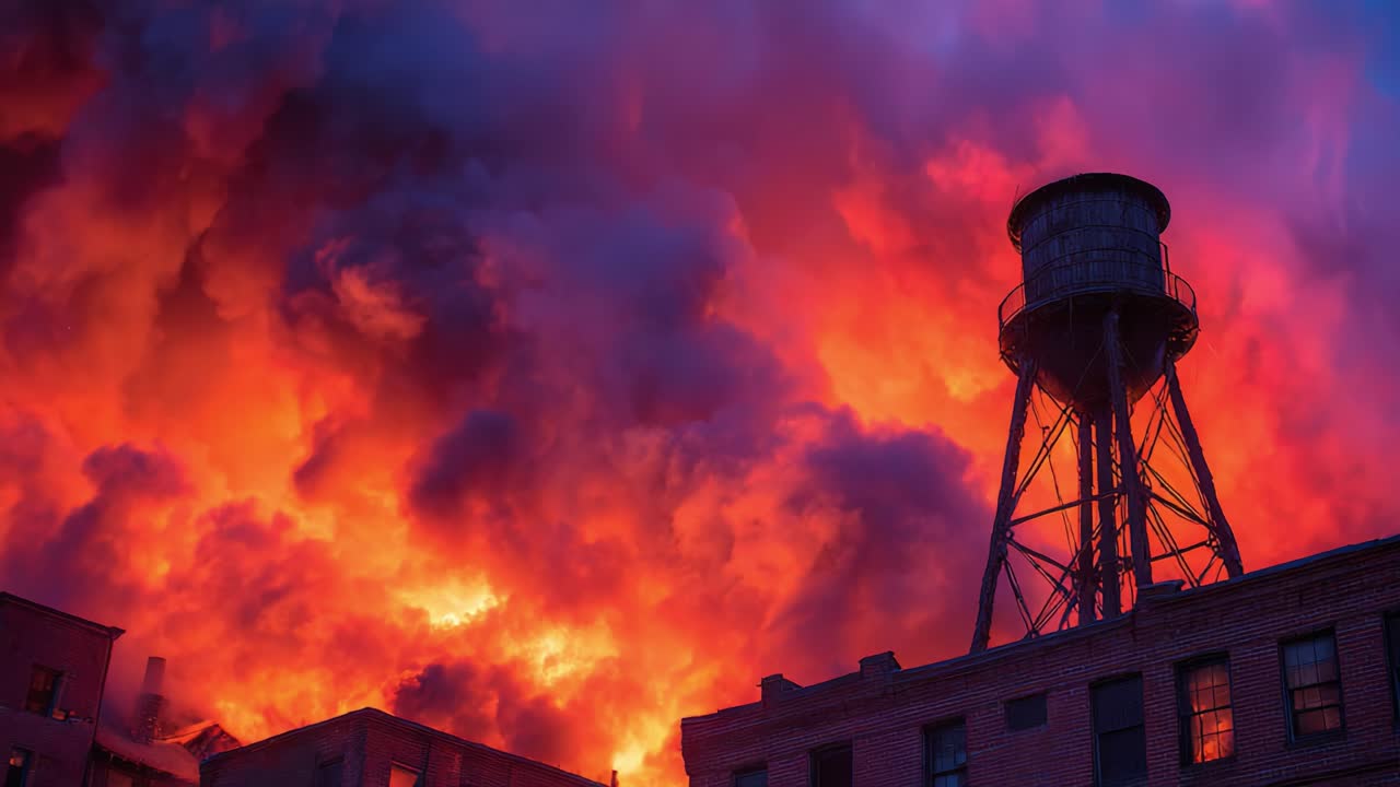 A Dramatic Blaze Illuminates the Evening Sky as Dark Smoke Billows from an Urban Scene, Highlighting a Water Tower Against a Fiery Background