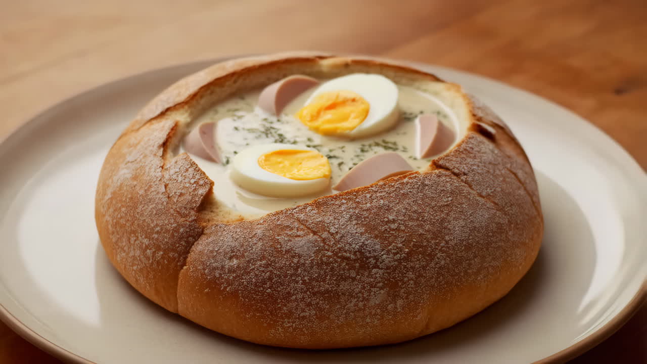 Creamy Soup with Hard-Boiled Eggs and Sausage in a Rustic Bread Bowl
