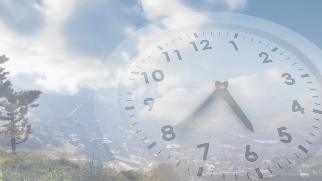 Timeline starting faint clock overlay rotating hands clouds drifting showing time passing over city
