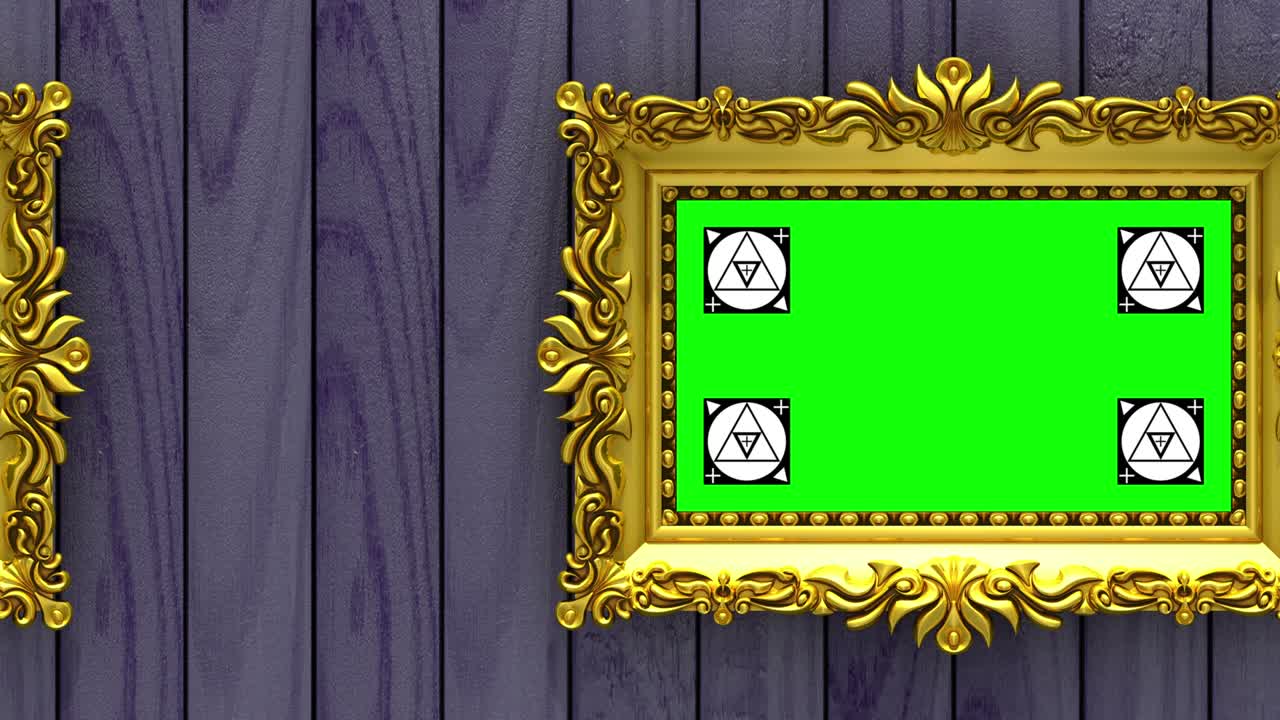 카메라는 보라색 나무 배경에 황금 그림 프레임을 따라 움직입니다. 없이 루프 된 3d 애니메이션. 모션 추적 마커와 녹색 화면이 포함되어 있습니다.