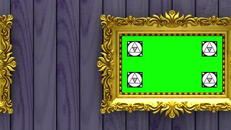 la cámara se mueve a lo largo de marcos de imágenes dorados sobre un fondo de madera púrpura. animación 3d en bucle sin costuras. marcadores de seguimiento de movimiento y pantalla verde incluidos.