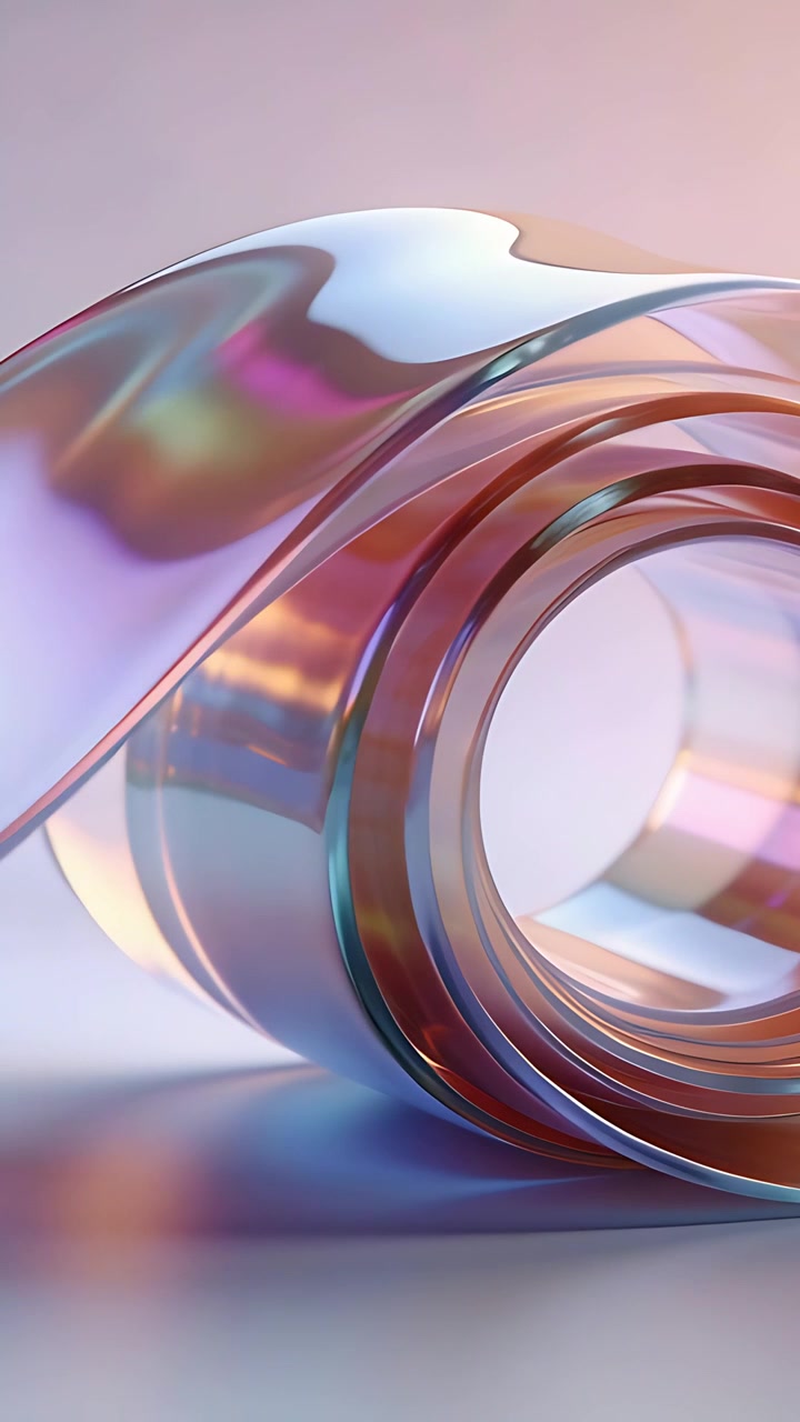 Vertical video: Light shift causing ribbon tube unrolling rotating on studio set showing iridescent