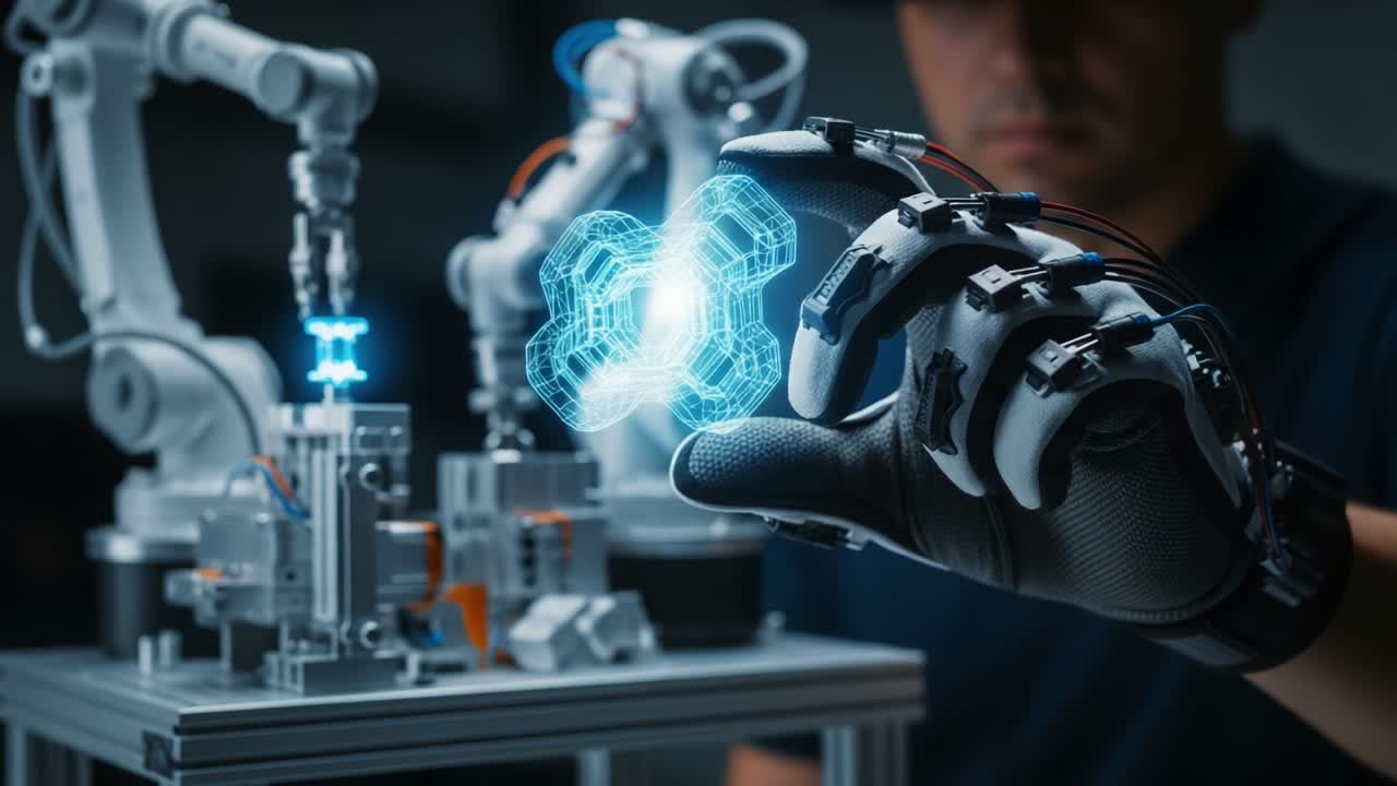 A futuristic scene showcasing a person interacting with advanced robotic technology using a high-tech glove, manipulating a holographic object amidst cutting-edge automation and machinery