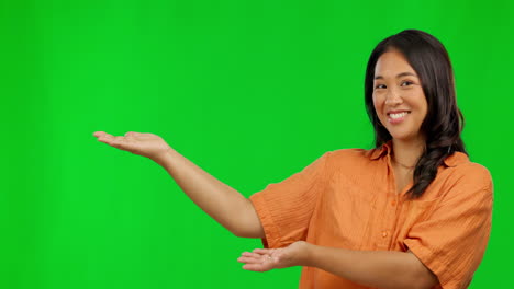 Happy-asian-woman,-hands-and-advertising-on-green