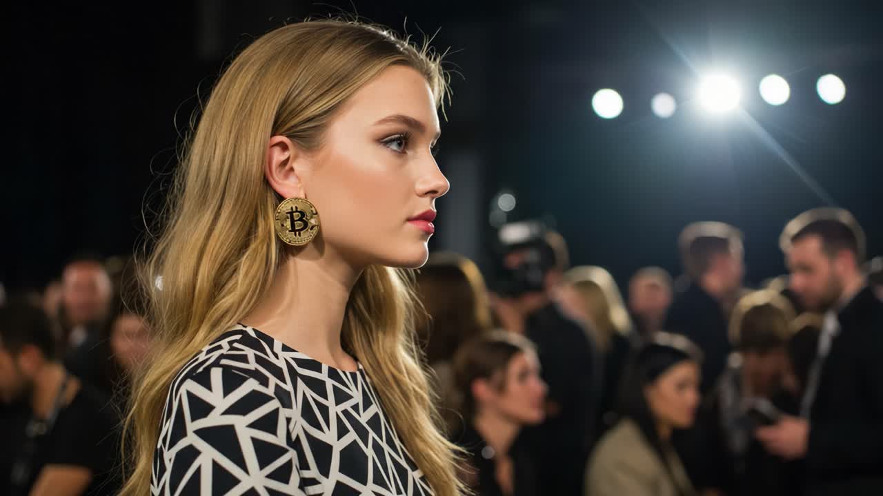 Elegant model fremviser trendy Bitcoin-øreringe midt i et stilfuldt modeevent fyldt med entusiastiske deltagere og skarpe scenelys.