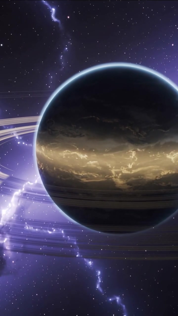 Vertical video: Ringed gas giant sliding into center in space, camera pan bringing fuller view