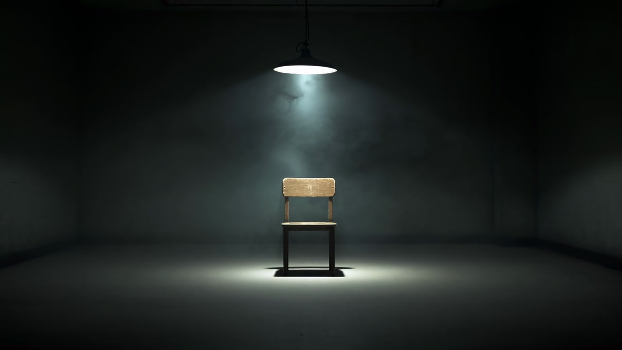Empty Chair Under Single Overhead Spotlight Harsh Cool Light, Concrete Room, Dramatic Shadow Pool, Cinematic