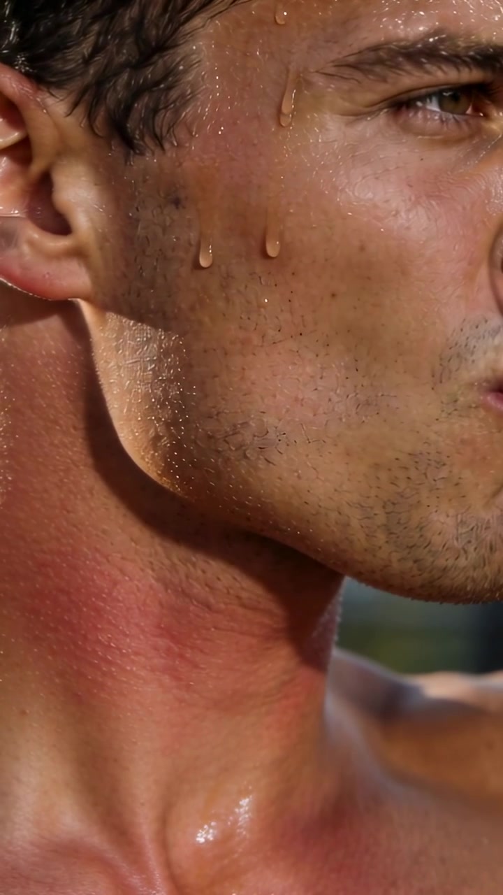 Vertical video: Sweating shirtless man squinting under hot sun and sipping from clear glass to cool