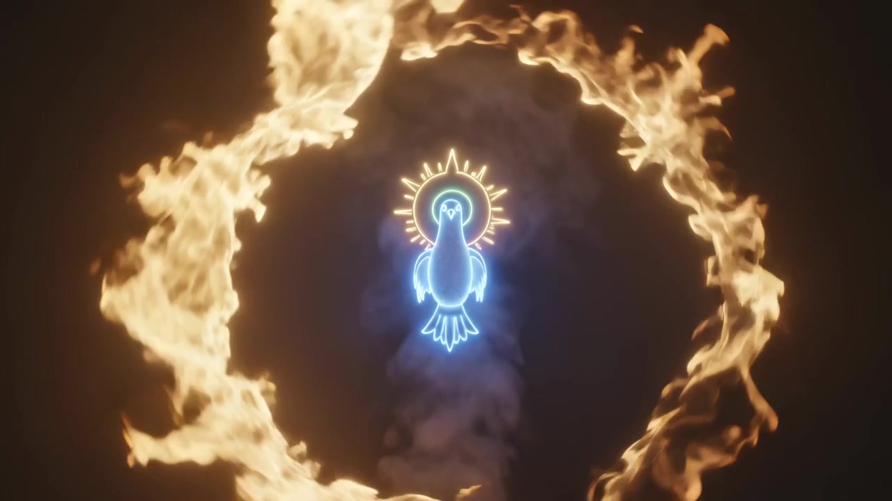 Llamas apareciendo en los bordes, rodeando un pájaro de neón brillando en un estudio oscuro con un halo dorado y humo.