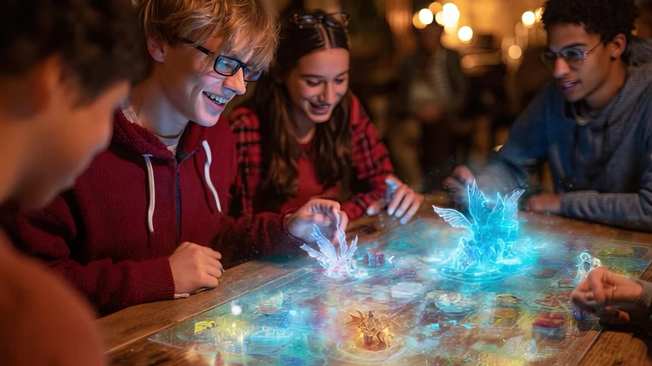 Amici si divertono con un'entusiasmante serata di giochi da tavolo in un'accogliente atmosfera da bar