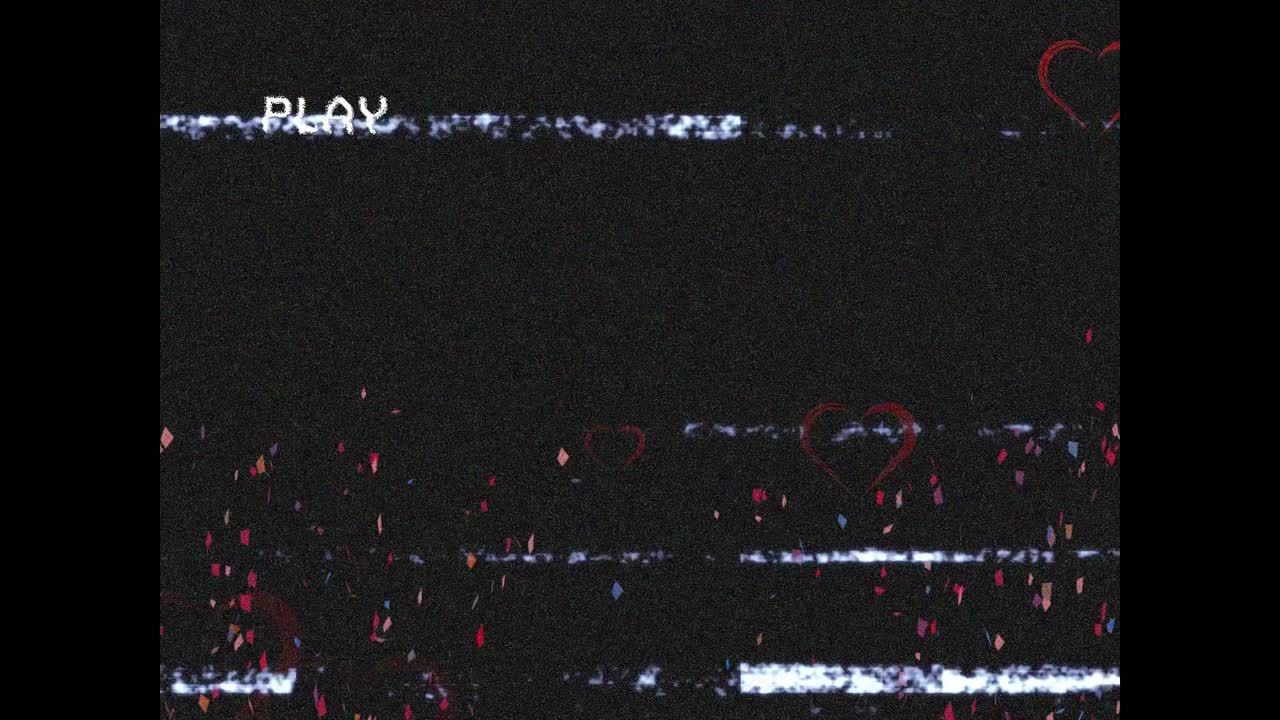 글리치와 콘페티를 형성하는 심장을 가진 화면에서 디지털 인터페이스를 재생하는 애니메이션