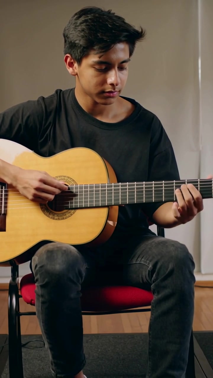 Video vertical: Joven guitarrista con la mano derecha preparada practicando con guitarra de nylon en estudio con silla roja.