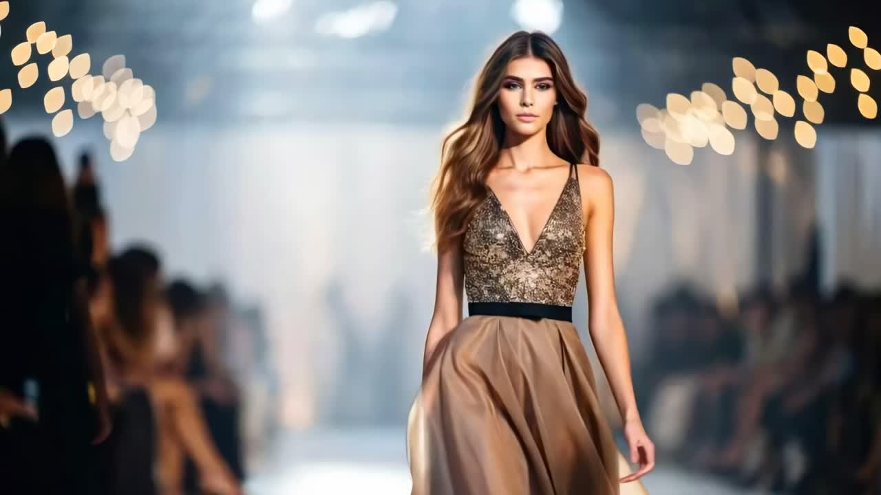 Modevideo med en optagelse i lav engel, der viser en model i en glamourøs kjole, der går ned