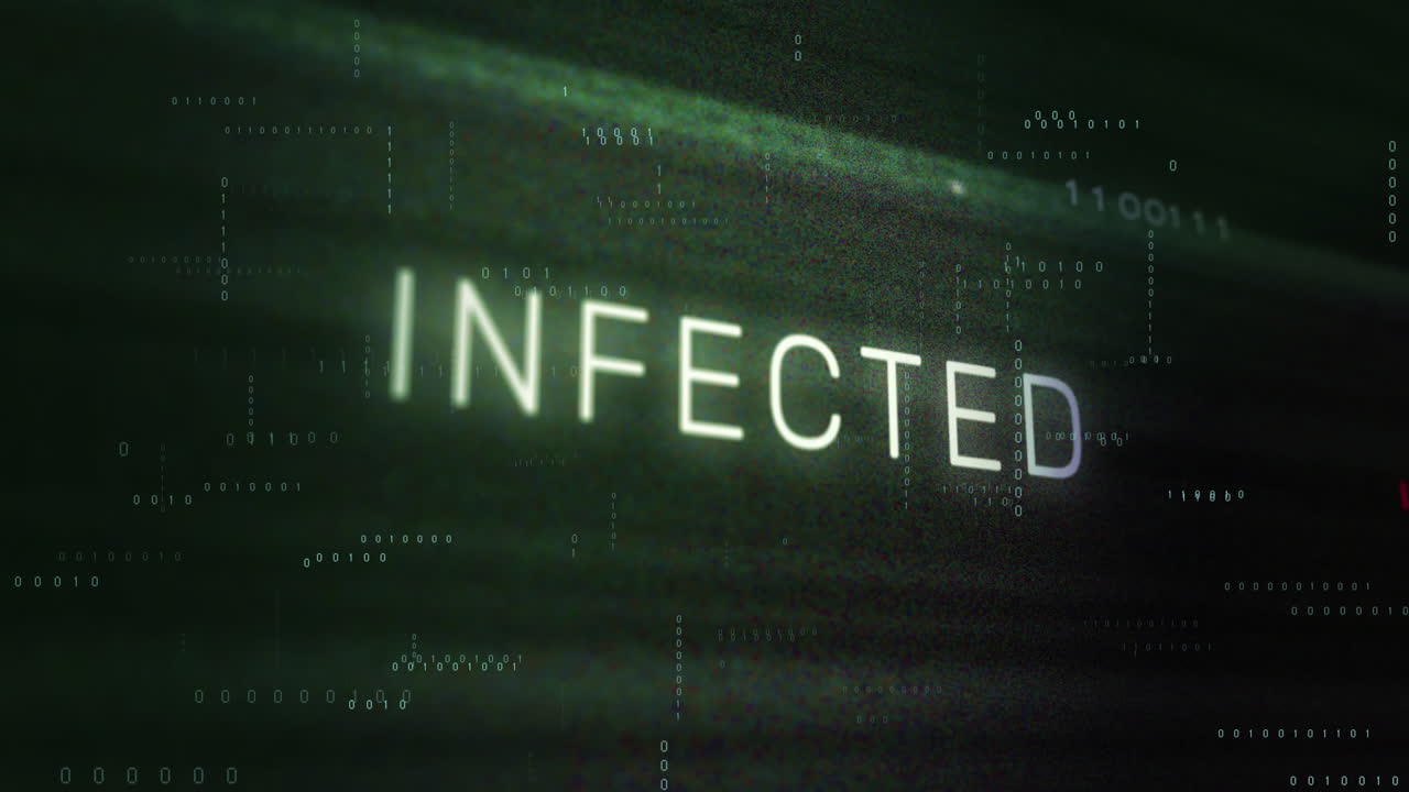 검은색 배경의 모양 위에 감염된 텍스트와 이진 코딩의 애니메이션