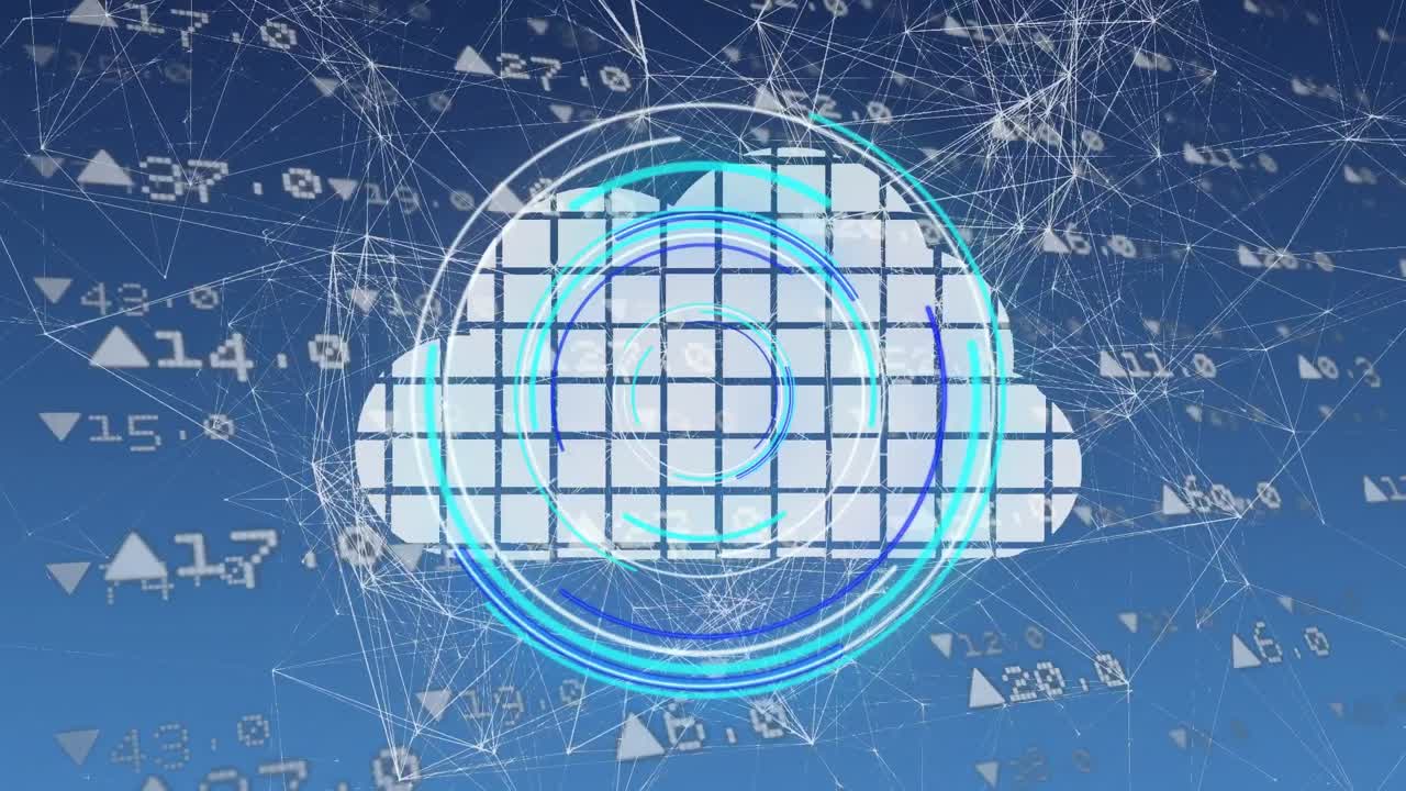 Animation of scope scanning over cloud icon and network of connections on blue background