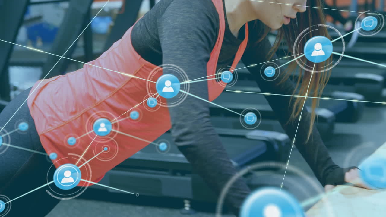 벤치에서 푸시업을 하는 젊은 백인 여성 위의 선으로 연결된 프로필 아이콘의 애니메이션