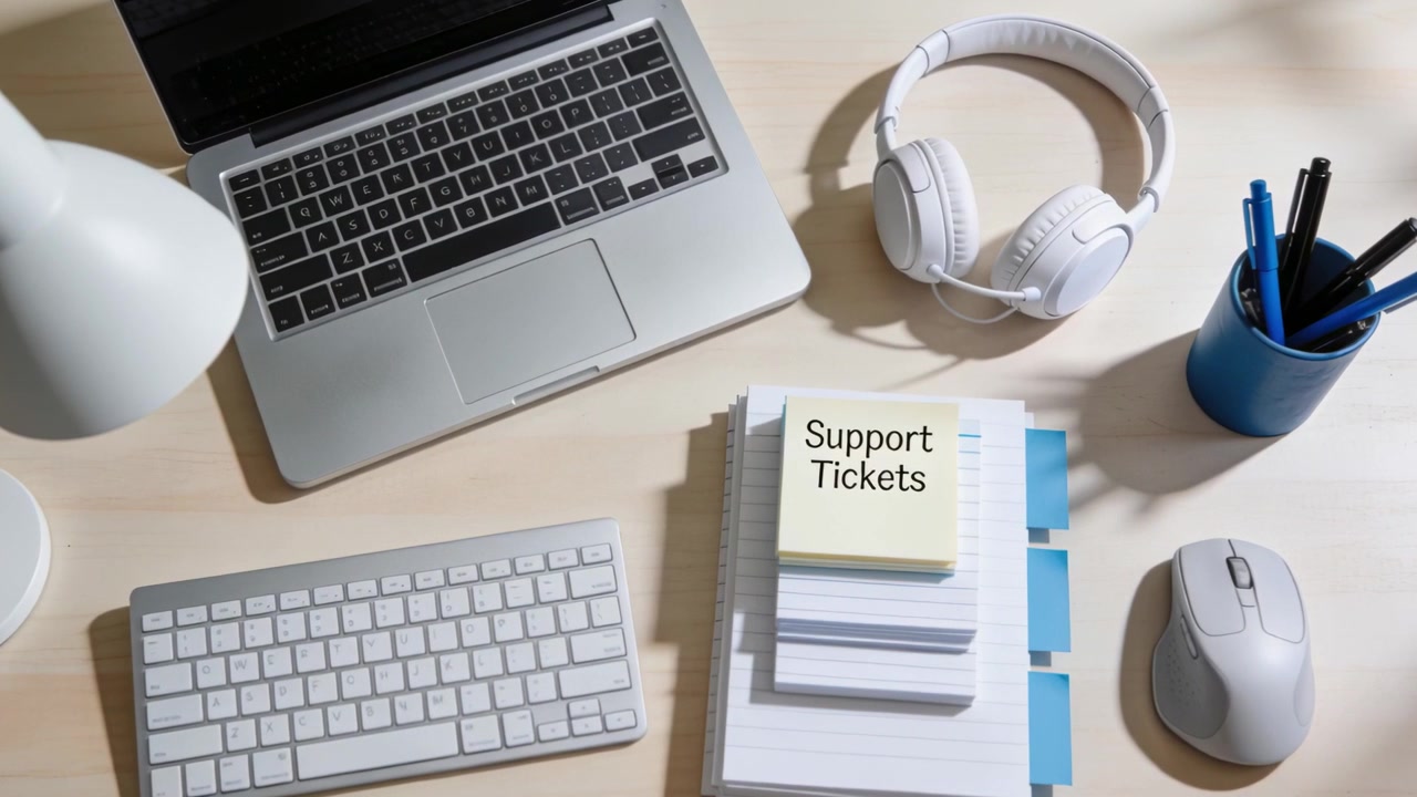 Luce cangiante rivela un blocco note con la scritta 'Ticket di Supporto' sulla scrivania, con laptop e spazio per il testo