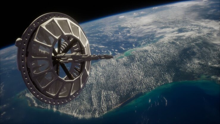 futuristic Space satellite orbiting the earth