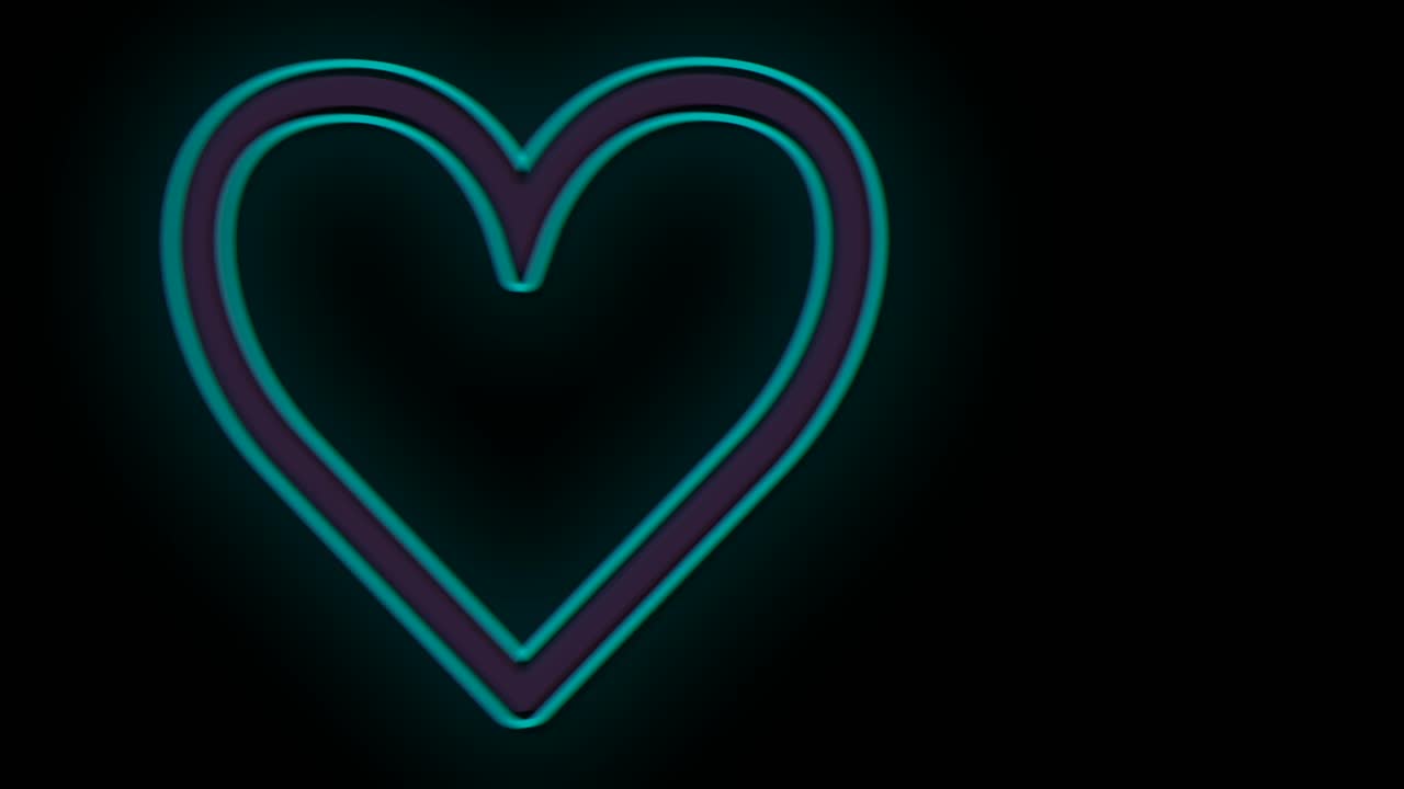 Cuori romantici al neon pulsanti disposti in fila su gradiente nero