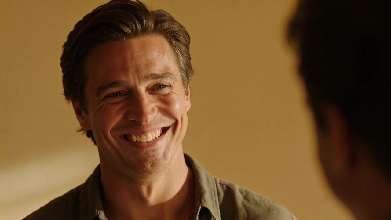 Uomo sorridente in camicia che allarga il sorriso, si inclina in una stanza calda sotto una luce soffusa, rispondendo a un amico