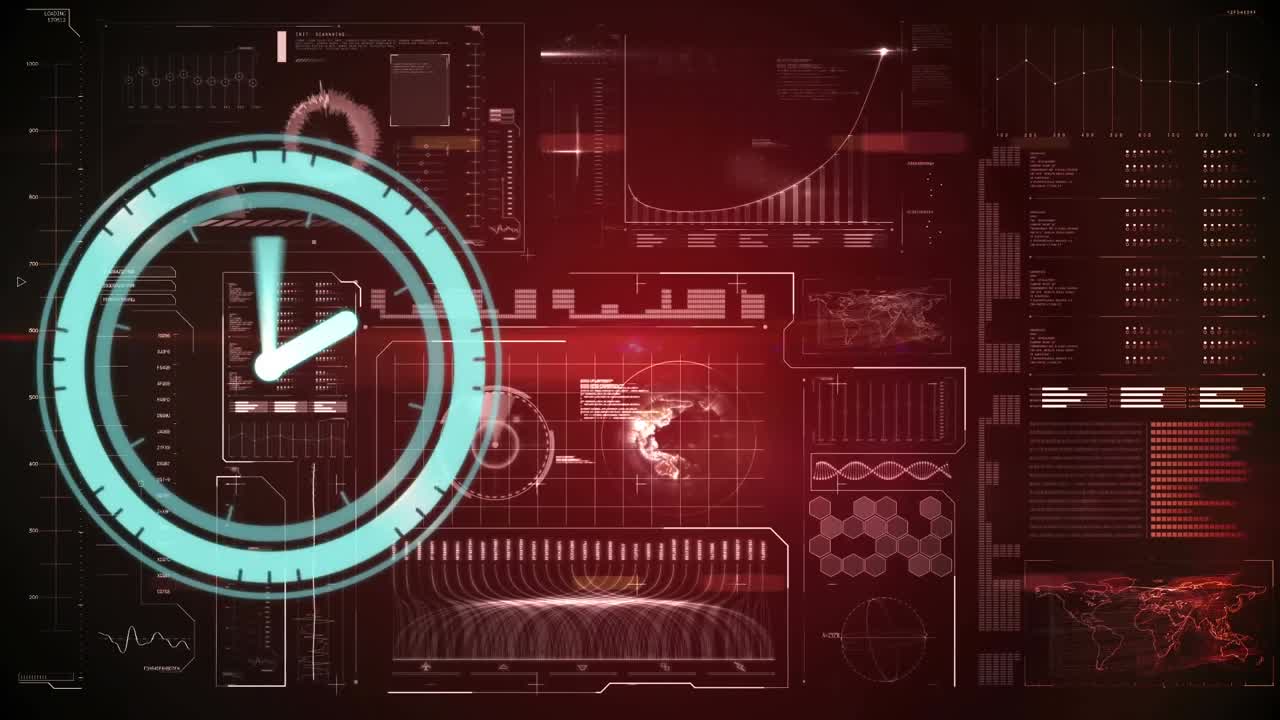 Animation of clock moving fast and data processing with globe on screen