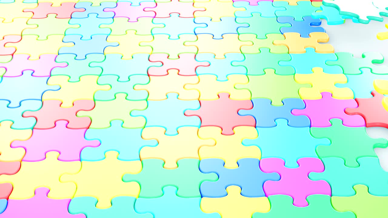 hermosas piezas de rompecabezas coloridas cayendo sobre la mesa. concepto de la infancia animación 3d. pantalla verde máscara alfa.